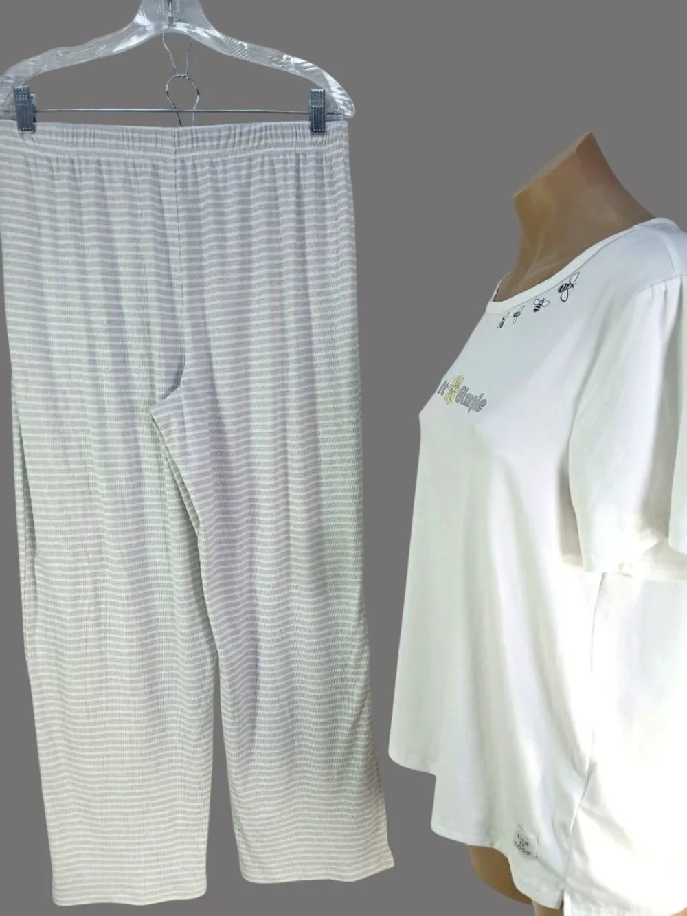 Life Is Good Womens Pajamas Simple T Shirt Pants Size L Graphic Striped Comfy